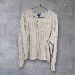 80s The Limited Cream Cotton Cable-Knit Henley Sweater Womens Size L VTG Coastal